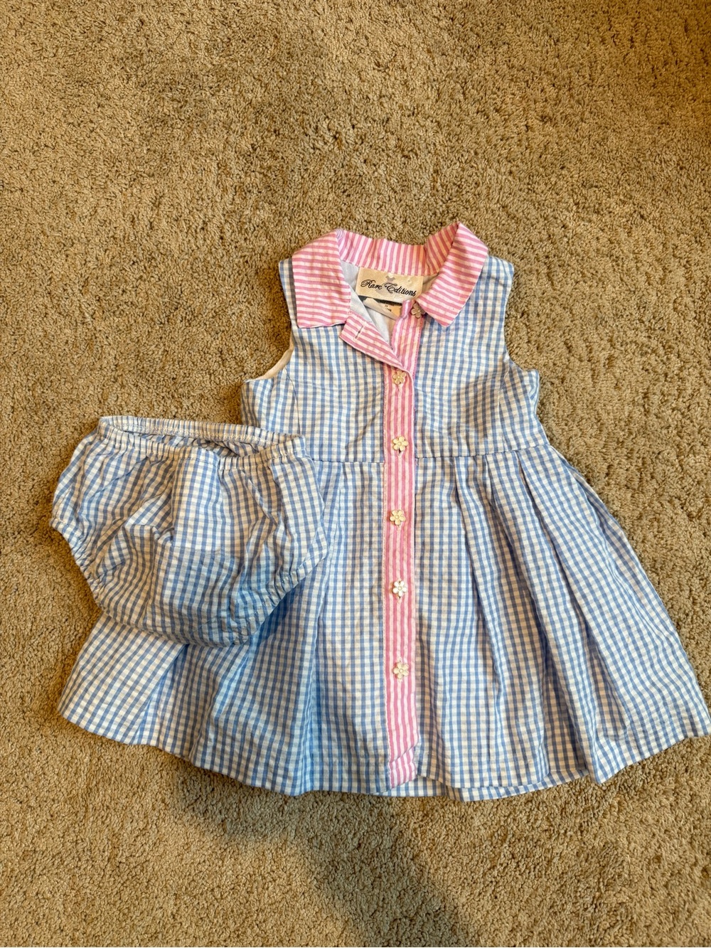 Rare Editions Blue Gingham Dress with Pink Trim